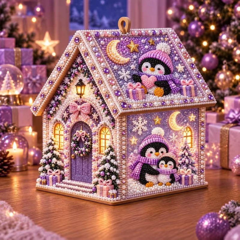 TEMU Kit de peinture 3D Maison de Noël en bois avec perles et , divers ensembles de mosaïque festifs, convient aux débutants adultes, décorations de