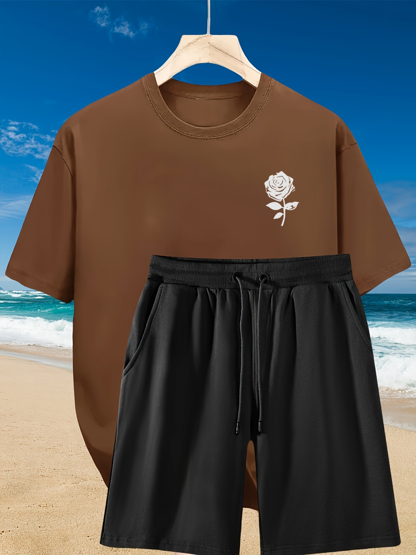 2pcs Men'S Summer Casual Outfit: Relaxed Fit Cotton T-Shirt & Drawstring Shorts Set - Floral Graphic Printed - Sporty, Comfortable, Beach-Ready, Summer Shorts, for Daily & Weekend Casual Wea