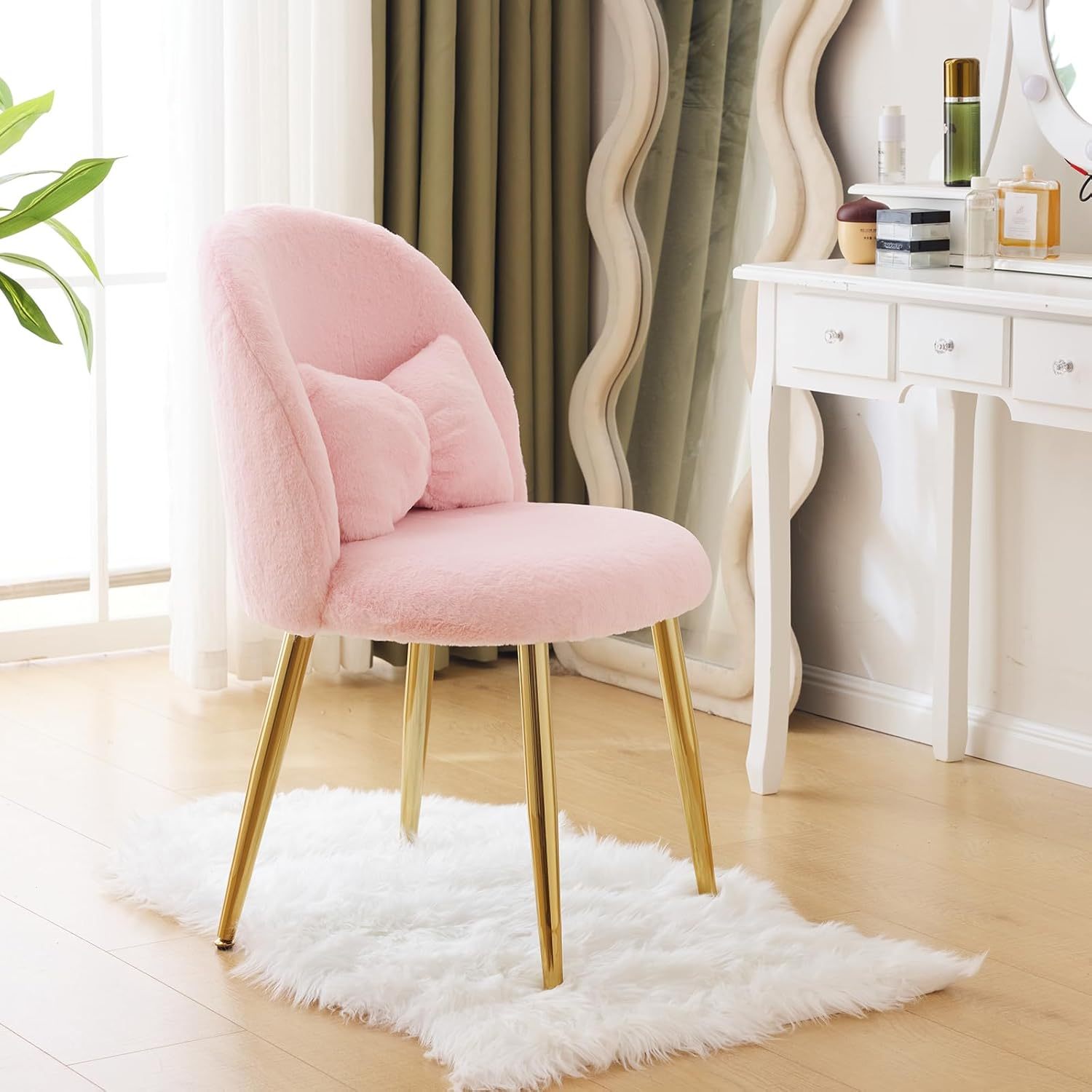 Girls Vanity Chair With Backrest, Small Lounge Chair Without Wheels, Comfy Chair With Bow Cushions, Makeup Chair With Adjustable , Comfortable Chair For Bedroom, Living Room, Small Space