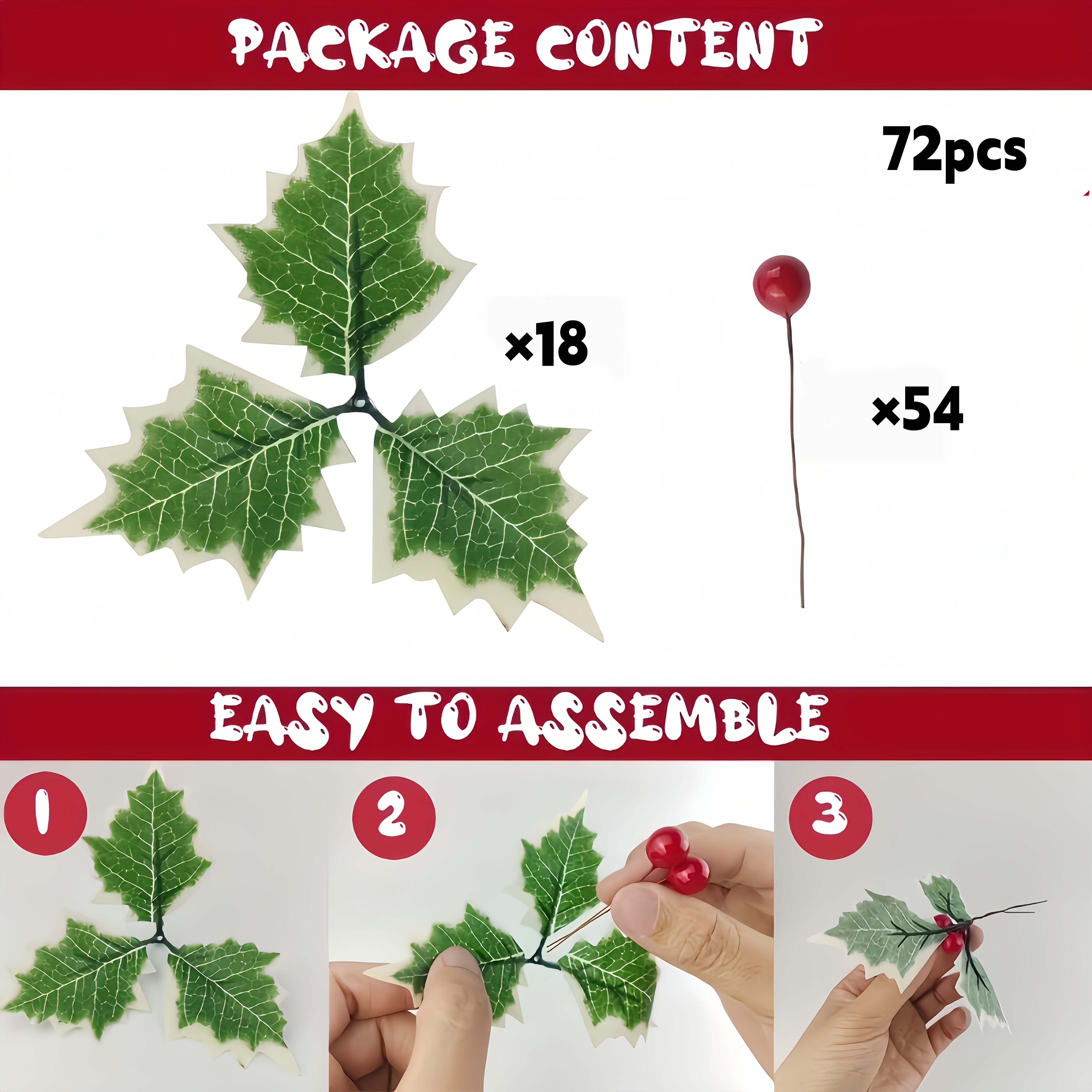 TEMU Set da 72 pezzi di foglie di con rosse artificiali - 18 foglie + 54 , accessori per decorazioni natalizie fai da te, forniture per artigianato