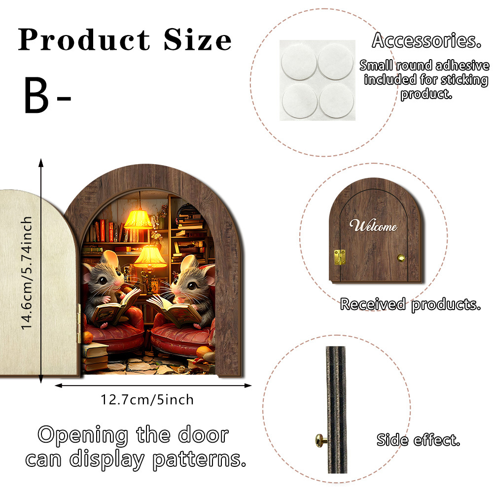 Image of 1pc Cute Reading Mouse Pattern Wooden Ornament, Mini Door-shaped Decoration, Small Home Decor, Suitable For Living Room Corners And Study Desktops, With Strong Personality, A Warm And Aesthetic Home