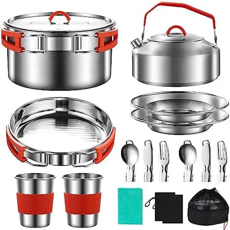304 stainless steel camping cookware set for 2 people - complete mess kit with pots, pans, kettle, plates, forks, knives & spoons | lightweight & durable outdoor cookware with sturdy carry bag | rust-resistant, heat distribution for camping, picnic, rv travel | compact & portable for backpacking Product details 0