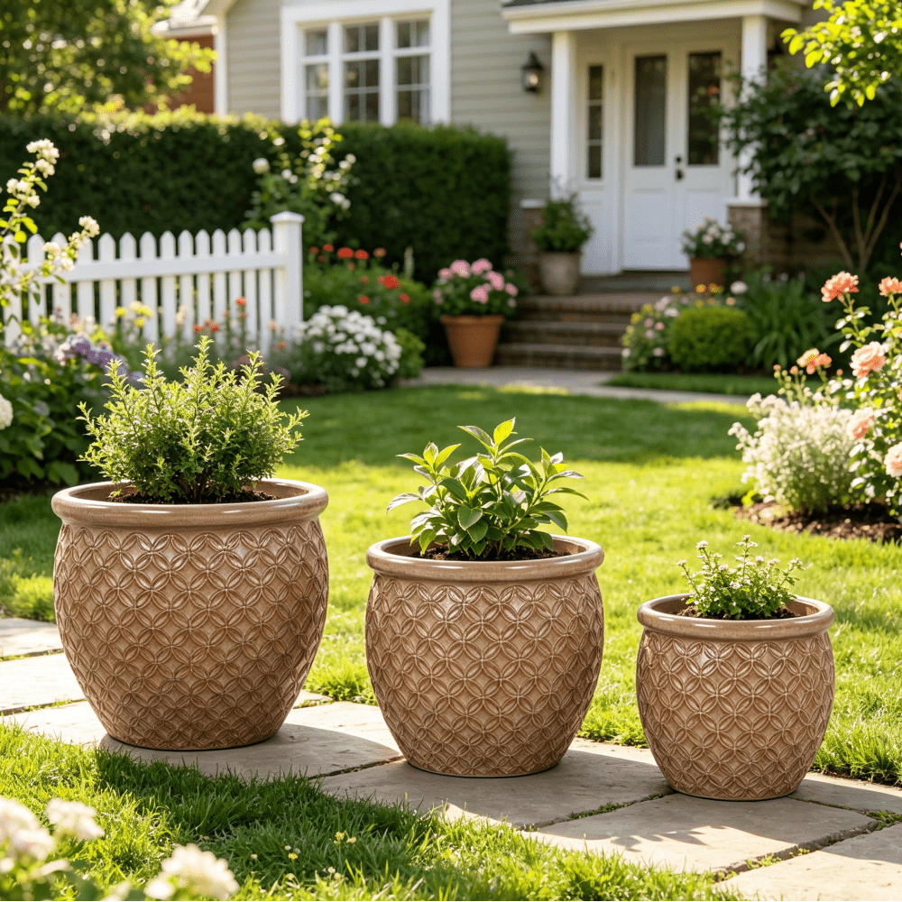 Handmade Ceramic Flower Pot Set, 3pcs (Diameters 38.5/30.5/23Cm), Light Beige, Decorated with Coin-Pattern Relief, Breathable, Frost-Resistant, with Drainage Holes at The Bottom, Suitable for Gardens And Balconies. gardening gift home decor