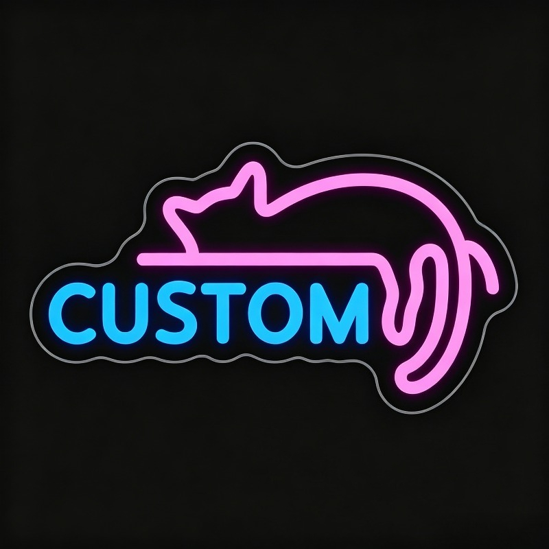 Custom Pink LED Neon Sign, Lazy Cat-Shaped, USB Powered