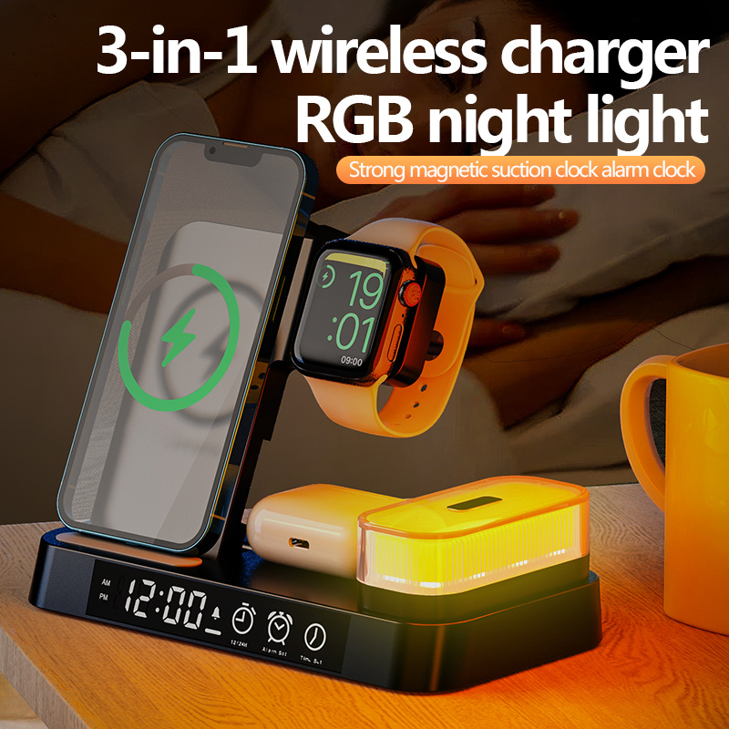 

Jogrytece 3 In-1 Wireless Charging Dock With Time Display, Alarm Clock And Nightlight Phones, Smart Earbuds And Watches - Usb Connector, Fast Charging Adapter, Wireless Charger, Usb