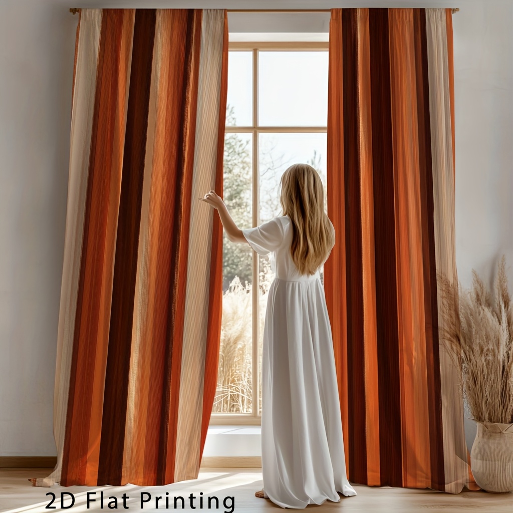 TEMU Plat 2D, Plat 2D - Plat 2D - Lot de 2 Rideaux Contemporains Orange - Avec Impression Plate 2D, Tissu Filtrant et Passe-Tringle, Longueur de