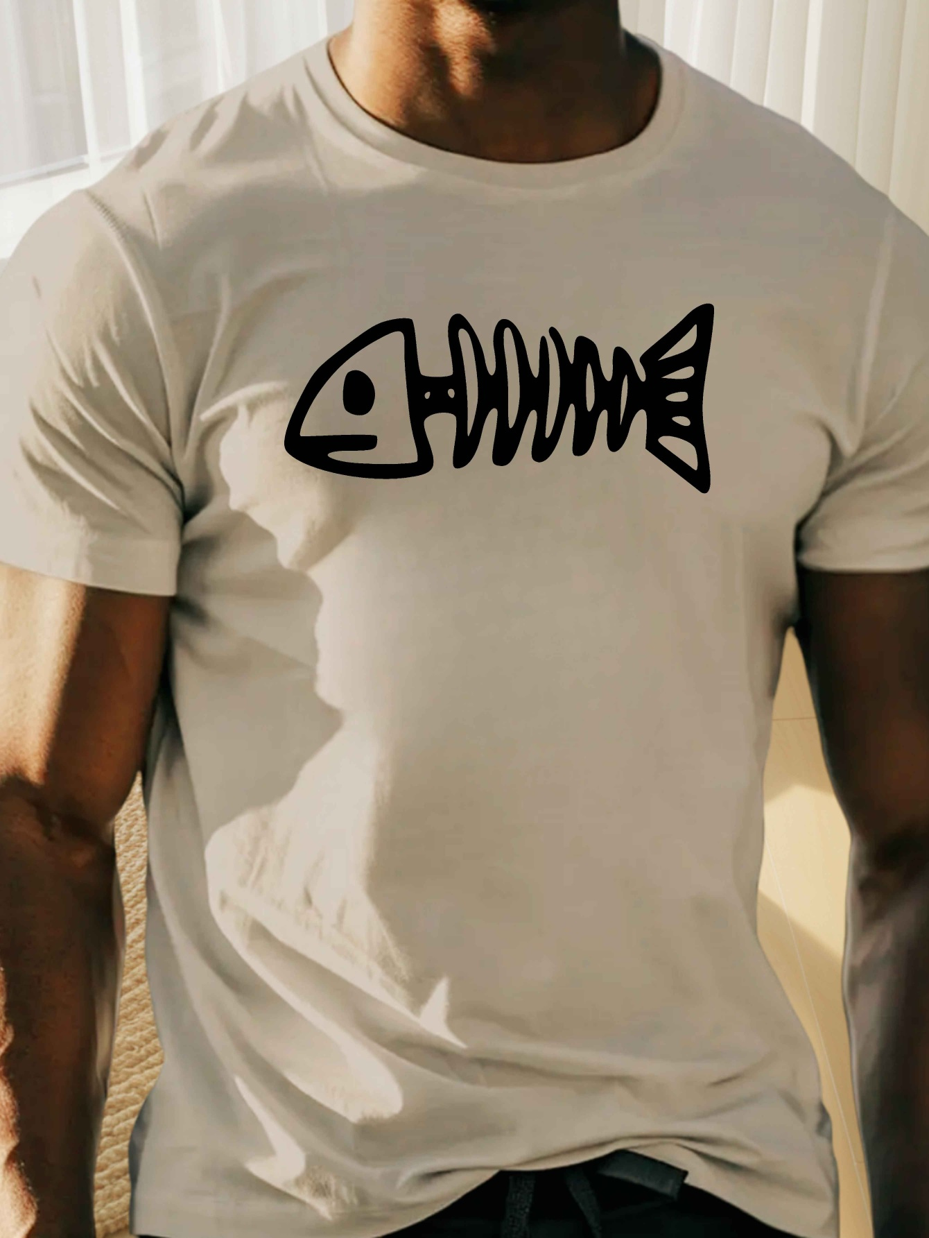 Plus Size *'s T-Shirt with Fish Bone Graphic Casual Dark Gray Polyester  Tee, Short Sleeves, Round Neck, Machine Washable, Comfortable Clothing S