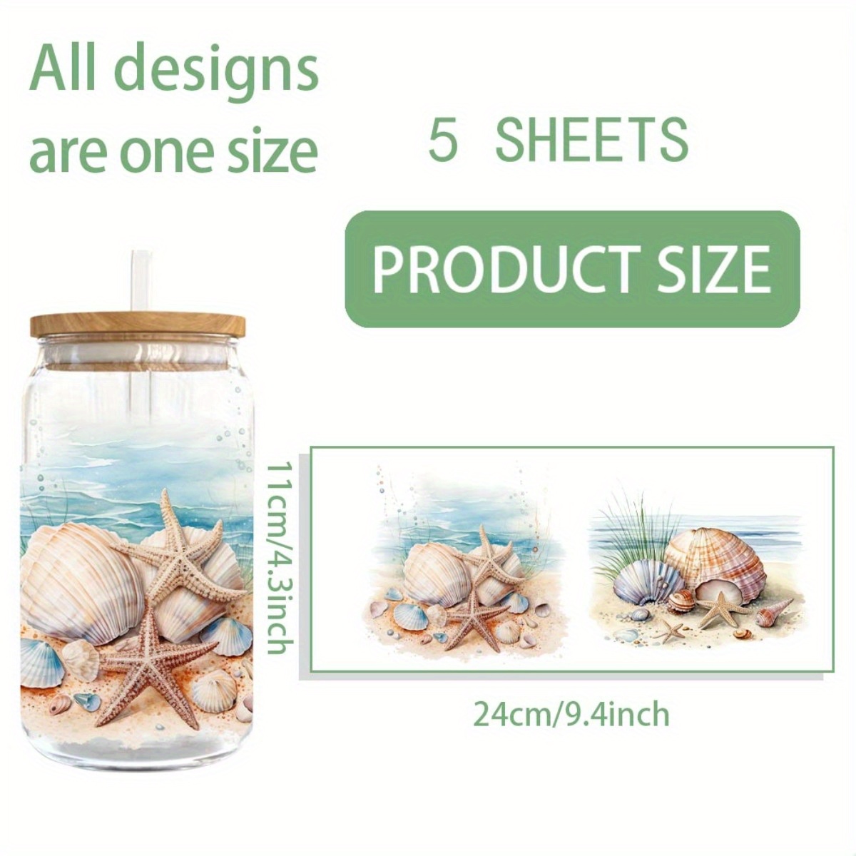 TEMU 5pcs Beach Shells Uv Dtf Transfer Sheets - Self-adhesive Vinyl Iron-on Patches Suitable For 16 Ounce Glass Jars, Diy Crafts, For Sea (laptops,