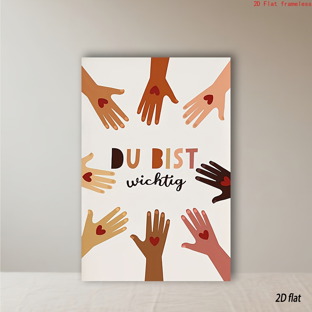 TEMU 2d Flat, 1pc "du Bist Wichtig" Motivational Quote Wall Art - Modern Frameless Waterproof Canvas Print With Colorful Hands Design & "", Suitable