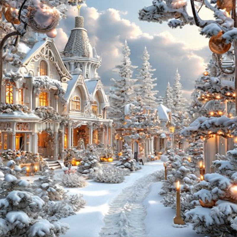 TEMU 1pc Snowy Castle Diamond Painting, Winter Fairy Tale Home Decor Wall Art, Halloween, Christmas Gift, Family Gift For Mom