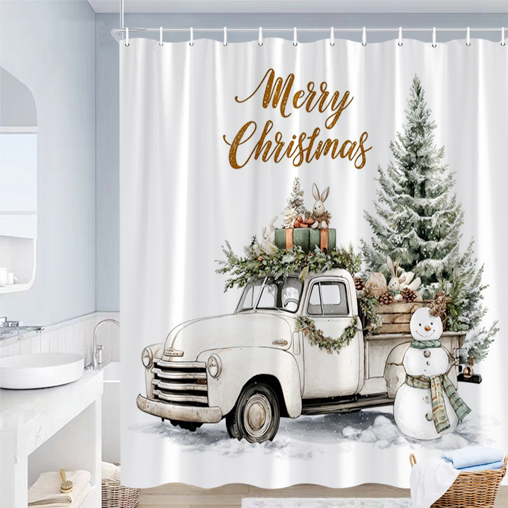 1pc A Festive Shower Curtain Featuring , A Snowman, And A Design, Made Of Polyester Fabric. It Measures By Inches And Includes Hooks For Hanging, Perfect For Bathroom Decoration