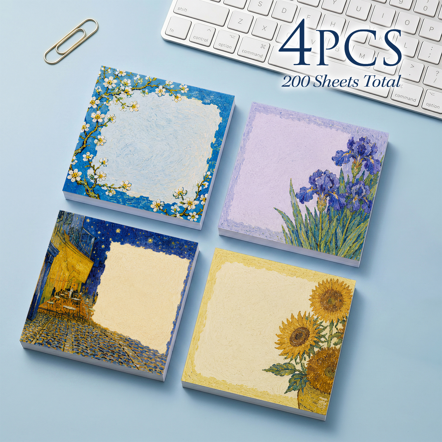TEMU 4 pezzi 200 fogli di appunti adesivi ispirati a Van Gogh, mm 3X3 pollici, margherita, iris, fiori, caff癡, quadri a olio, blocchetti di appunti,