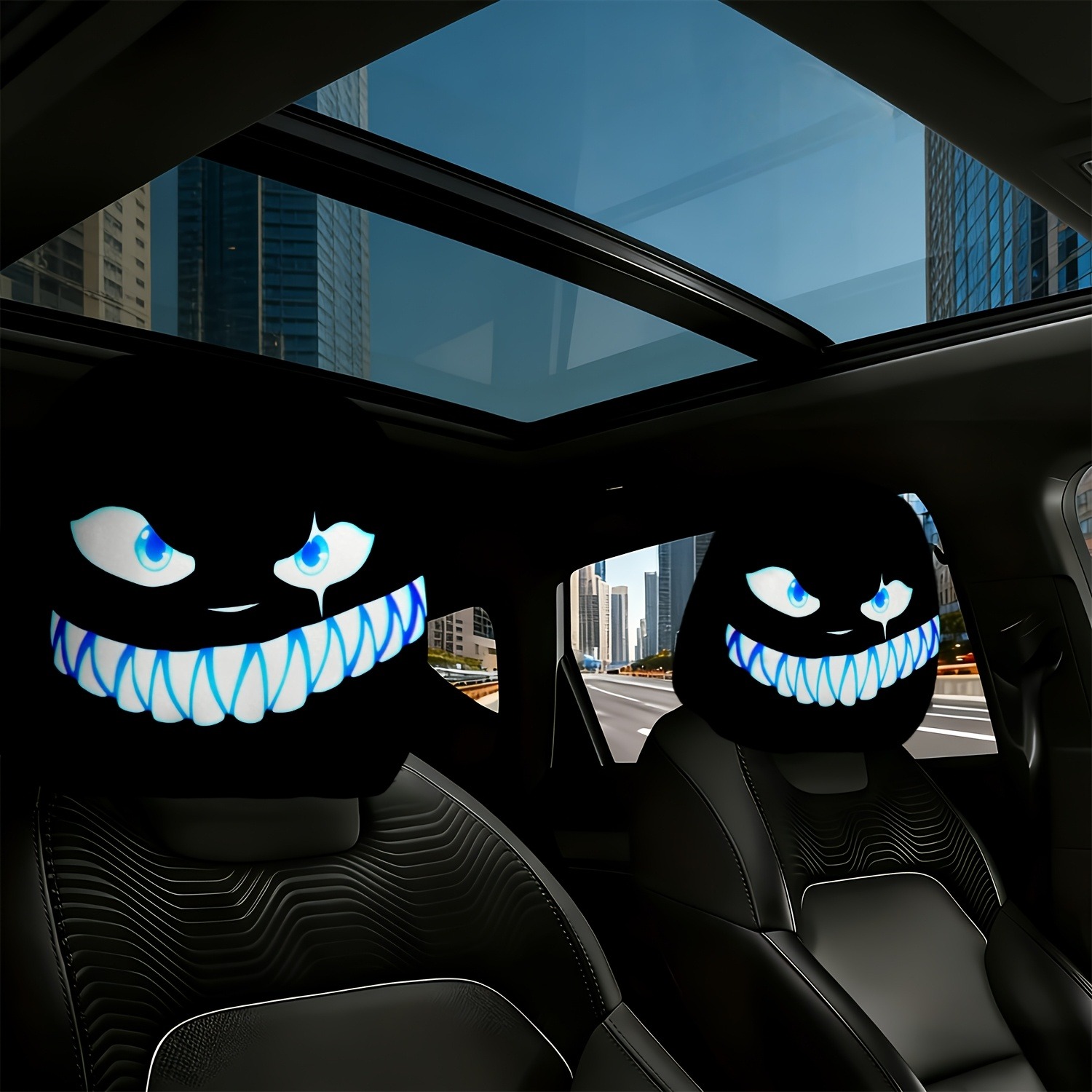 TEMU 2pcs Glowing Face Car Headrest Covers Suitable For Vehicles, Fit Pillows For Long Drives, Night Travel & Car Interior, Luminous Headrest