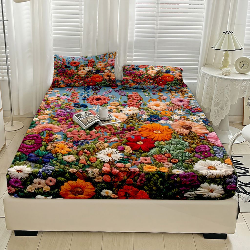 TEMU 1pc Colorful Floral Pattern Print Bedding Print Fitted Bedspread, Soft Comfortable Bedding Fitted Sheet, For Bedroom, , With Deep Pocket, Fitted