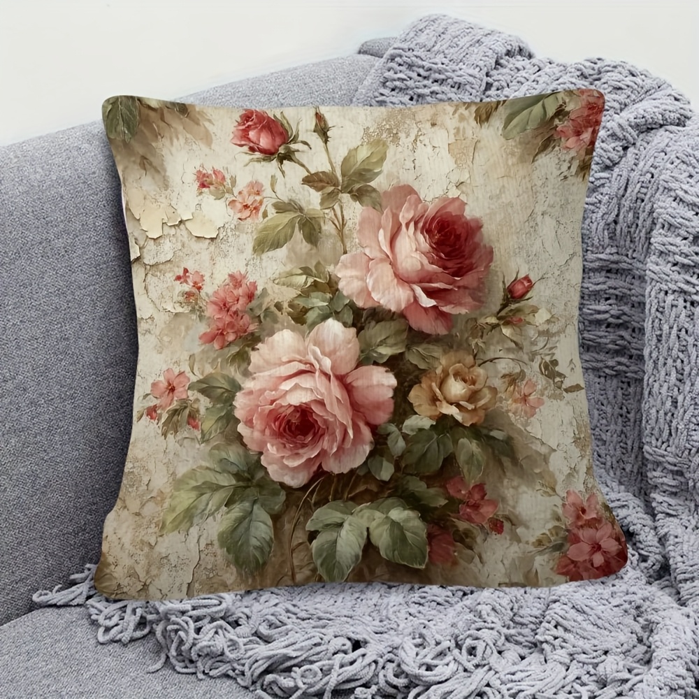 TEMU 1pc Vintage Victorian Floral Pillow Cover, Pink Rose Pattern, Beige Background, Suitable For Living Room, Bedroom - No Pillow Core, Decoration