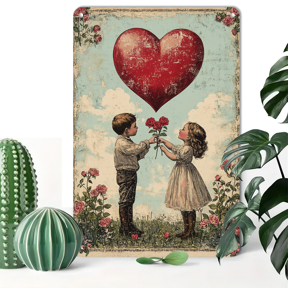 

Vintage Valentine's Day Aluminum Wall Art - 8x12" Metal Tin Sign For Home, Office & Cafe Decor -