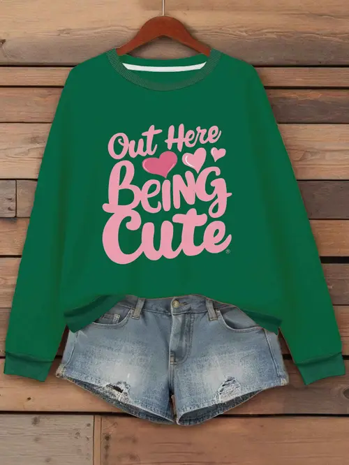 womens plus size being cute graphic sweatshirt black casual long sleeve with pink lettering polyester knit for fall winter casual winter wear graphic sweatshirt soft texture fabric