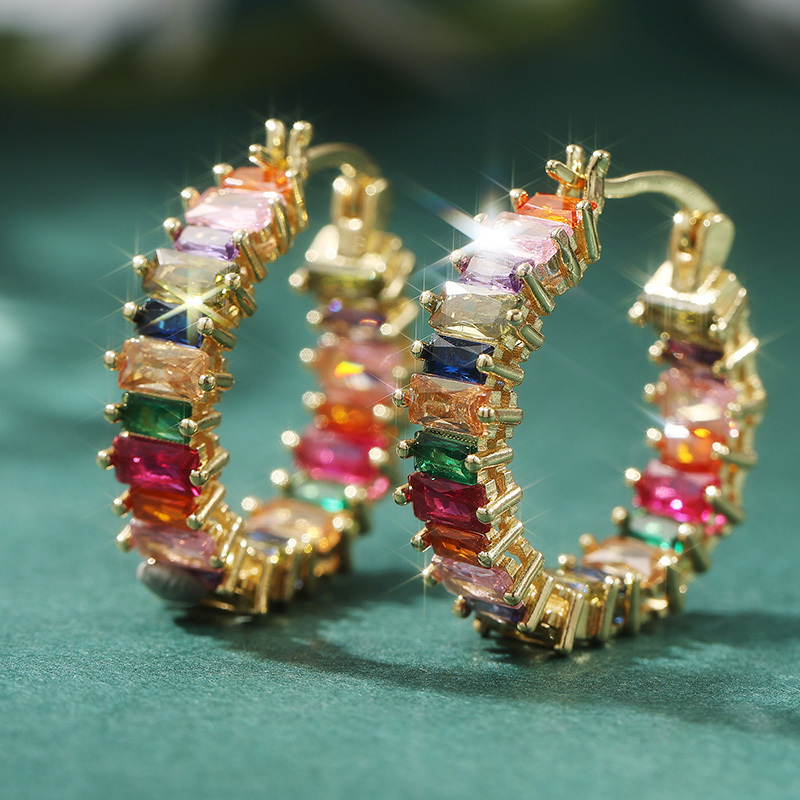 Luxury Copper Material Golden Hoop Hand Inlaid -color Synthetic Zirconia Earrings For Women's Engagement, Wedding, Party Earrings