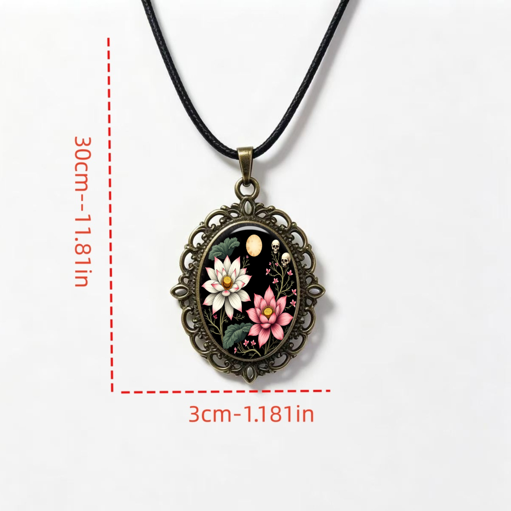 Vintage Floral Moon Night Sky Glass Pendant Necklace