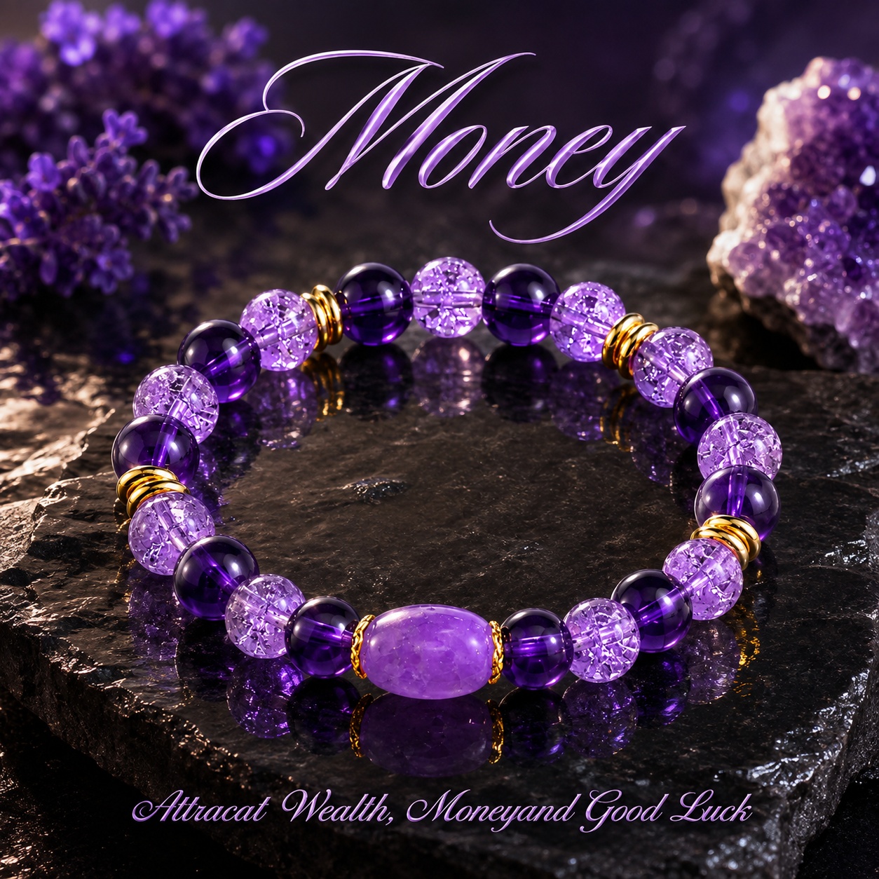 TEMU 1pc Wealth-attracting Beaded Bracelet, Handmade With Purple Crackle Amethyst Agate, Symbolizing And . Bohemian Style, -friendly Elastic Cord