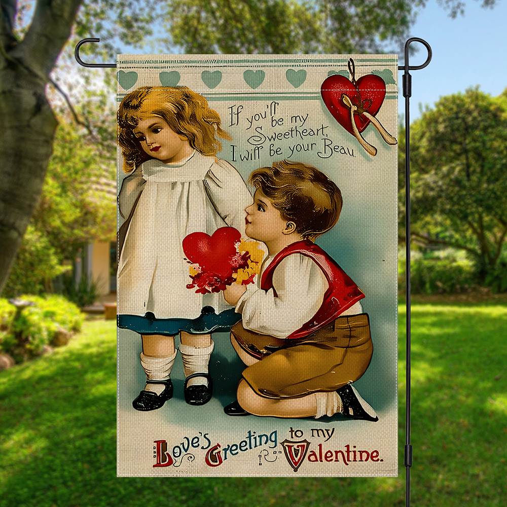 

1pc Vintage-style Happy Valentine's Day Garden Flag - Romantic Design, Double-sided, Polyester, Outdoor Home & Yard Decor, 12x18in - No Flagpole Included