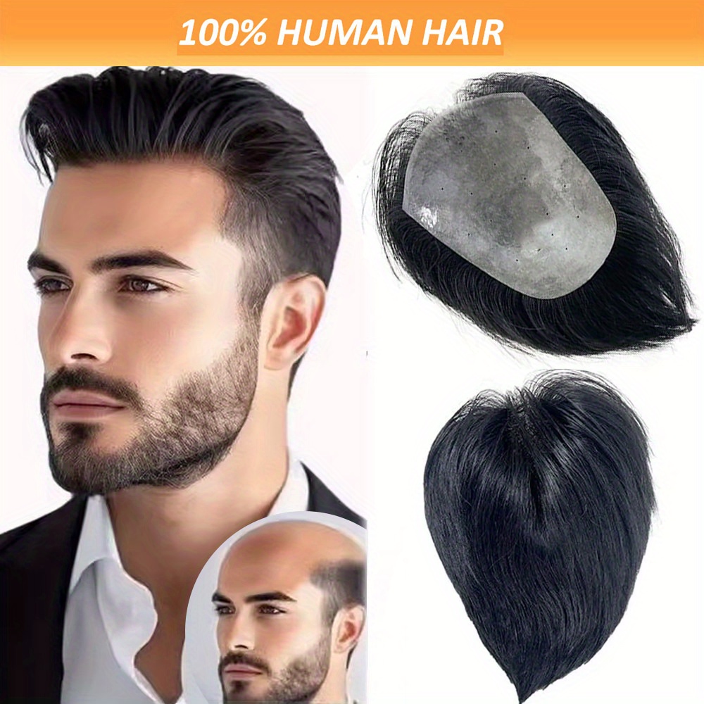 TEMU Toupee For Men With Human Hair, Hair Pieces Replacement For Men Base Size 5x7 Inch 13x18cm Mens Toupee V-looped Hair System Natural Black Color