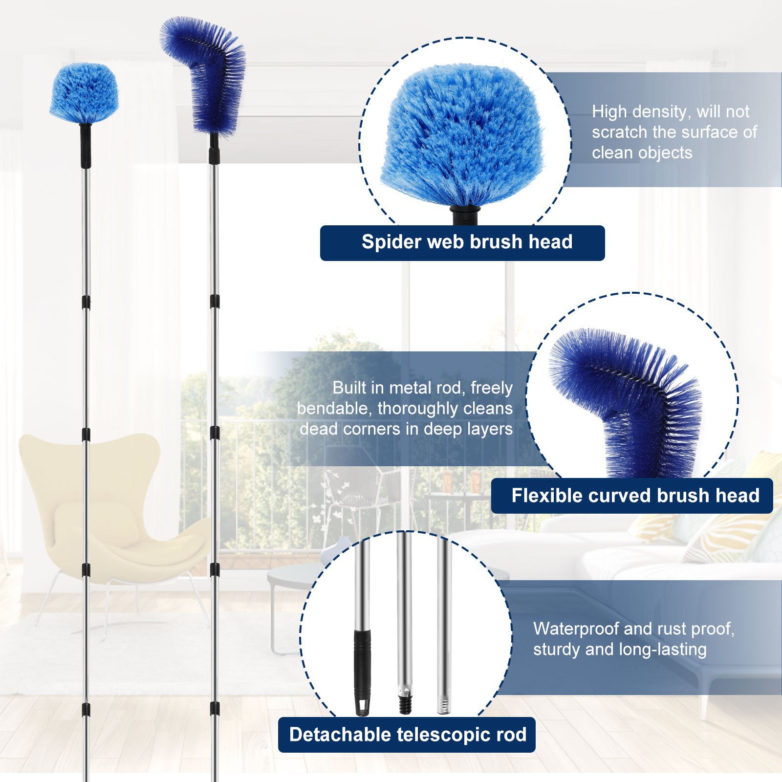 1 set blue cobweb duster with extendable stainless steel pole reusable spider web brush medium firmness no electricity needed multi component home cleaning tool for ceiling fan furniture details 2