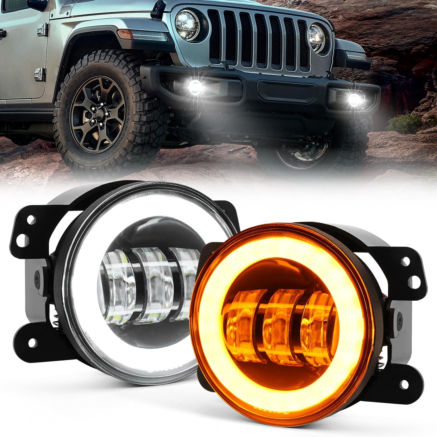 TEMU Lot de 2 feux antibrouillard LED 4 pouces bicolores blanc/ super haute luminosité pour conduite tout-terrain, feux de conduite auxiliaires