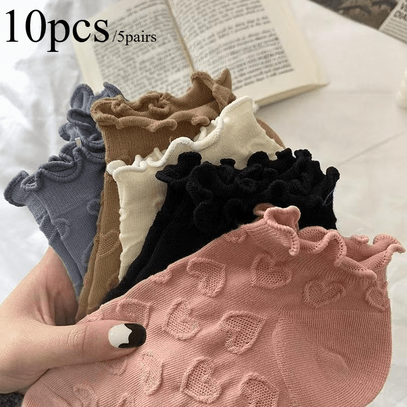 TEMU 5 Pairs Of Heart-shaped Lace Women's Short Socks, Lightweight And Breathable For Spring And Summer, Featuring A Vintage Cute Lolita Style Style