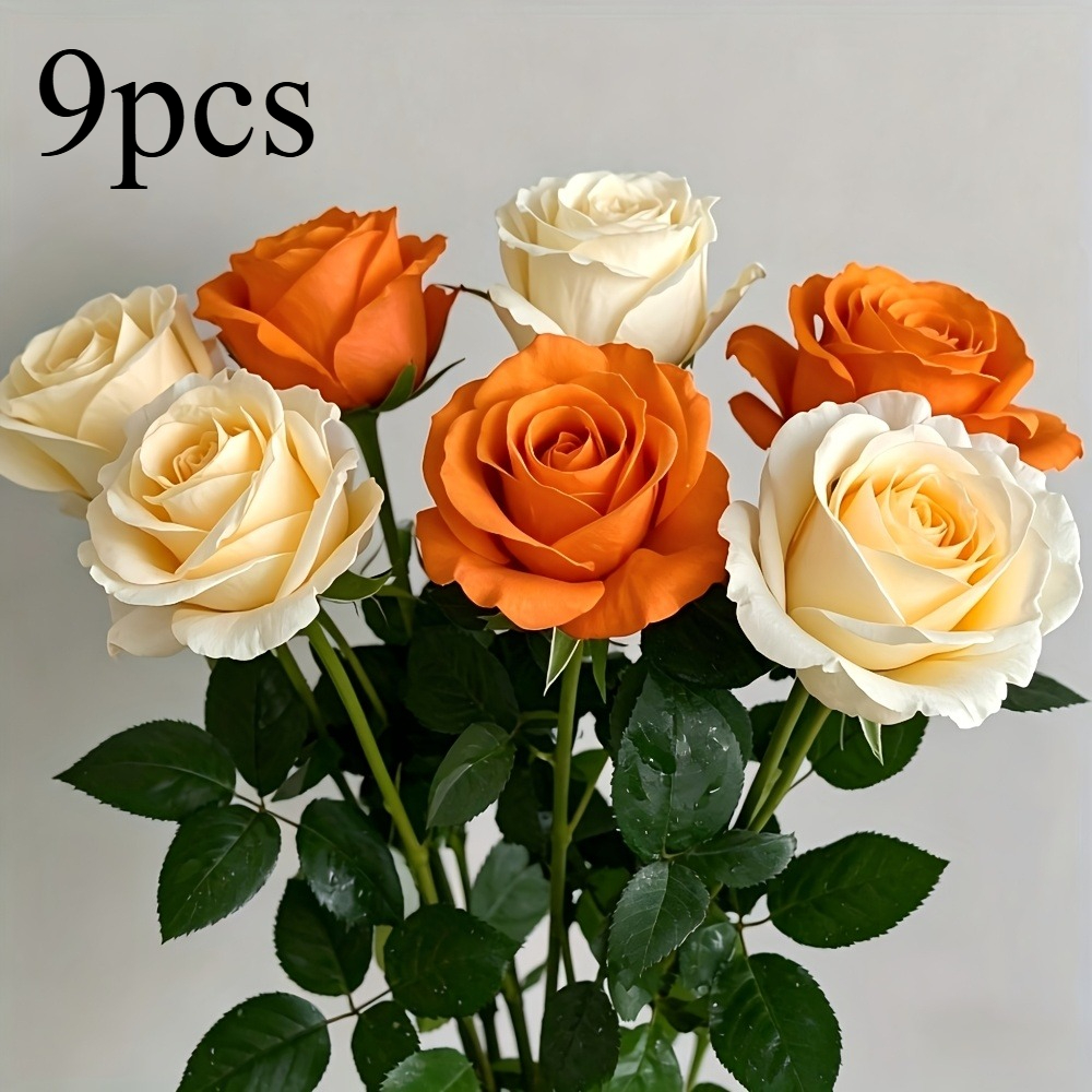 Image of 9pcs Autumn Artificial Roses, + Orange Long-stem Roses, Realistic Artificial Rose Bouquet, For Thanksgiving Diy, Weddings, Home Parties, And Office Decor