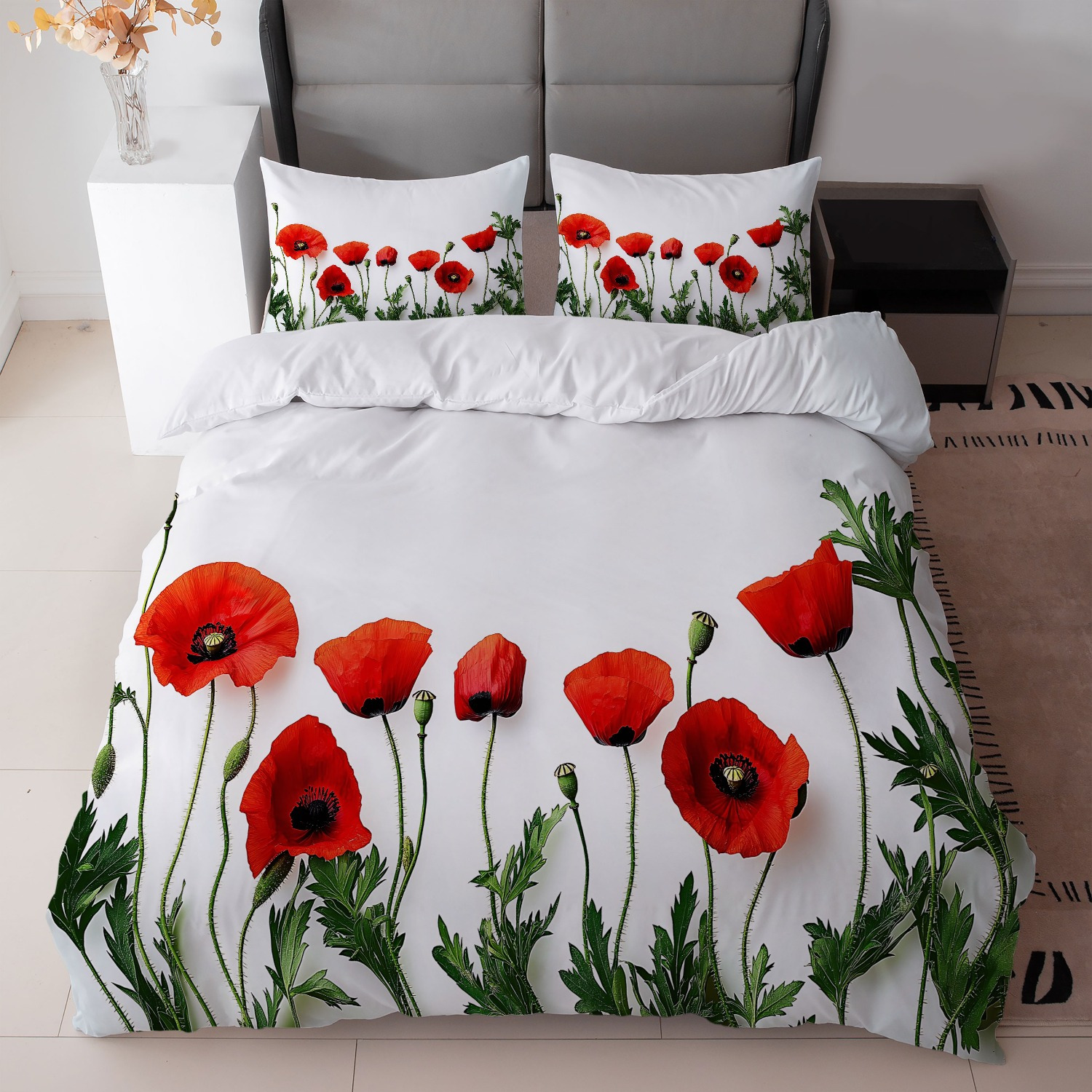 TEMU 3-teiliges Weißes Bettwäsche-Set mit Roter Mohnblumen-Druck (1 Bettbezug + 2 Kissenbezüge, Ohne Füllung) - für Schlafzimmerdekoration