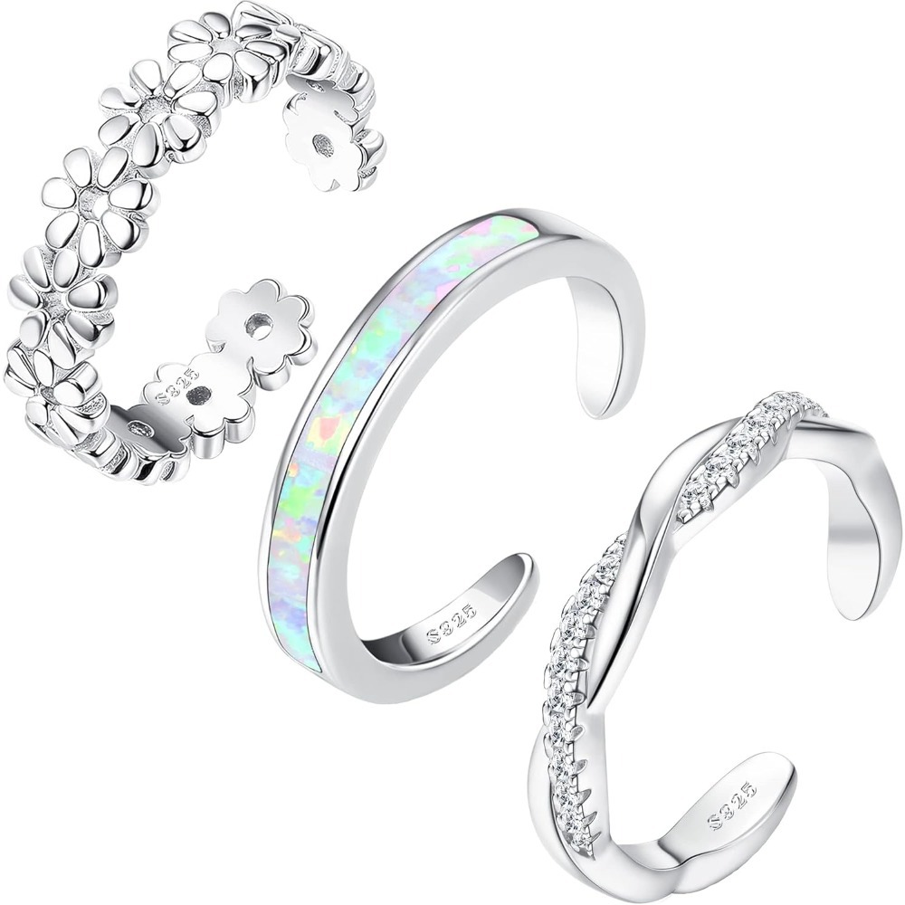 Image of 3pcs 925 Sterling Rings For Women Adjustable 14k White Gold Plated Flower Twist Band Rings Summer Beach Open Toe Rings Foot Jewelry Set Silvery
