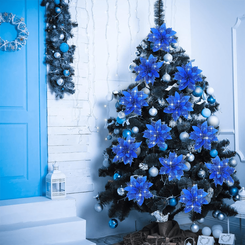 Pack De 24 Flores De Navidad Brillantes Azules - 3 Tamaños (3", 4", 6"), Purpurina, Decoración Para árbol Y Guirnaldas