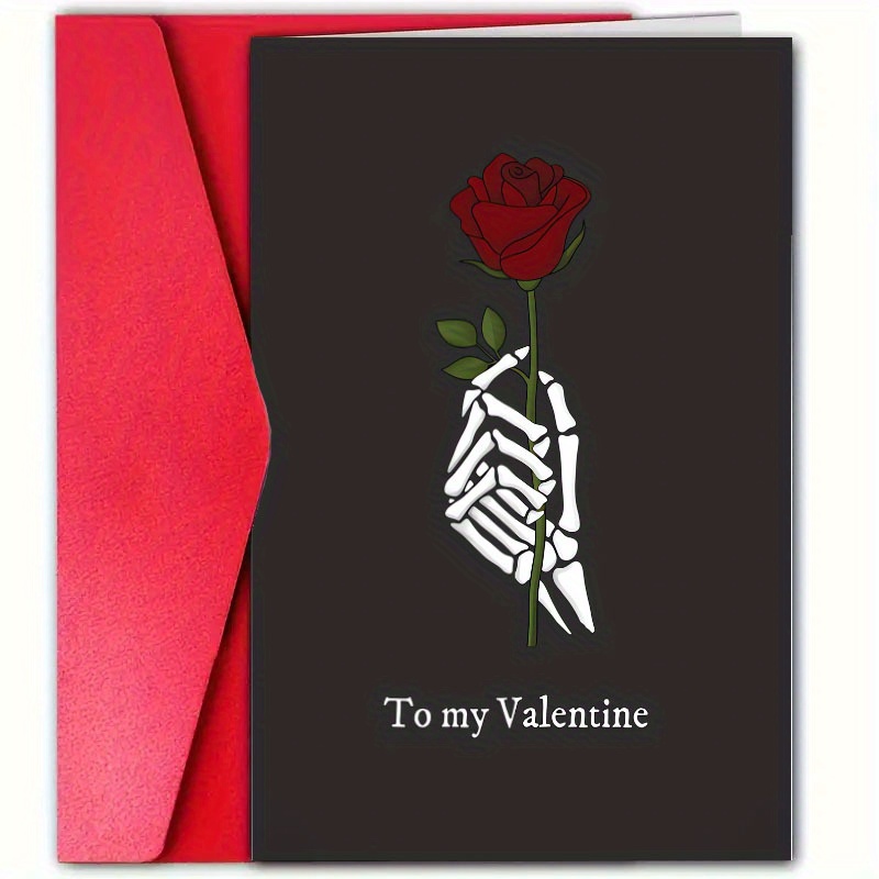 

1pc Valentine's Day Card With Envelope, Romantic Mr. Bones Holding Roses Design, , Message For Boyfriend, Girlfriend, Anniversary