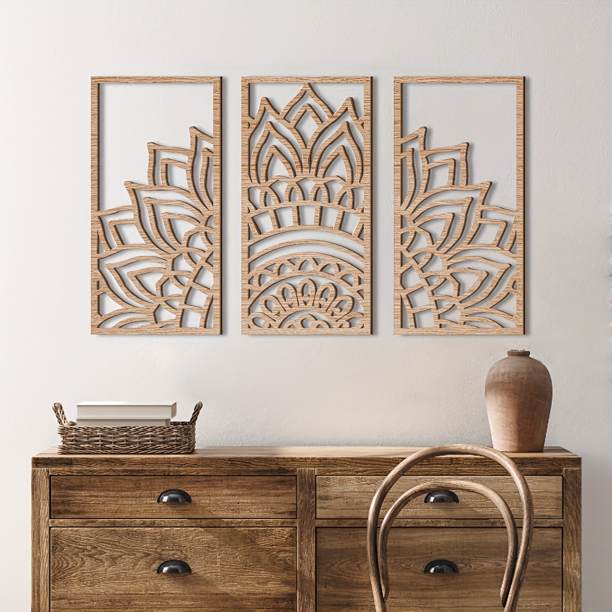 E-shop 3-teiliges Lotus-Wanddekor-Set | Handgefertigtes Holzschild mit Mandala-Motiv | Sehr geeignet für spirituelle Meditation, für Yogastudios