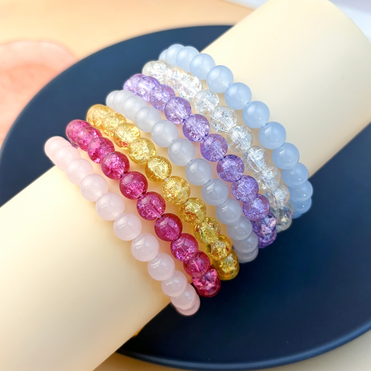 7pcs Fresh Icy Clear Floral Beaded Bracelet Set