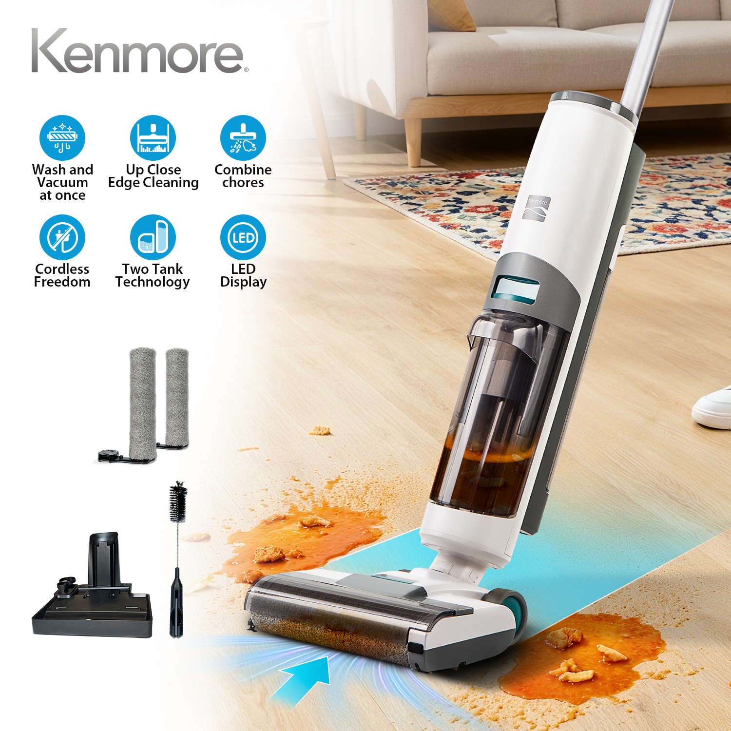 Kenmore Hf5010 3-in-1 Cordless Wet Vacuum 8kpa Hard Floor Cleaner With Automatic Air-drying, 35mins And 1 Edge Self-cleaning Mop For Multi-surface And Messes