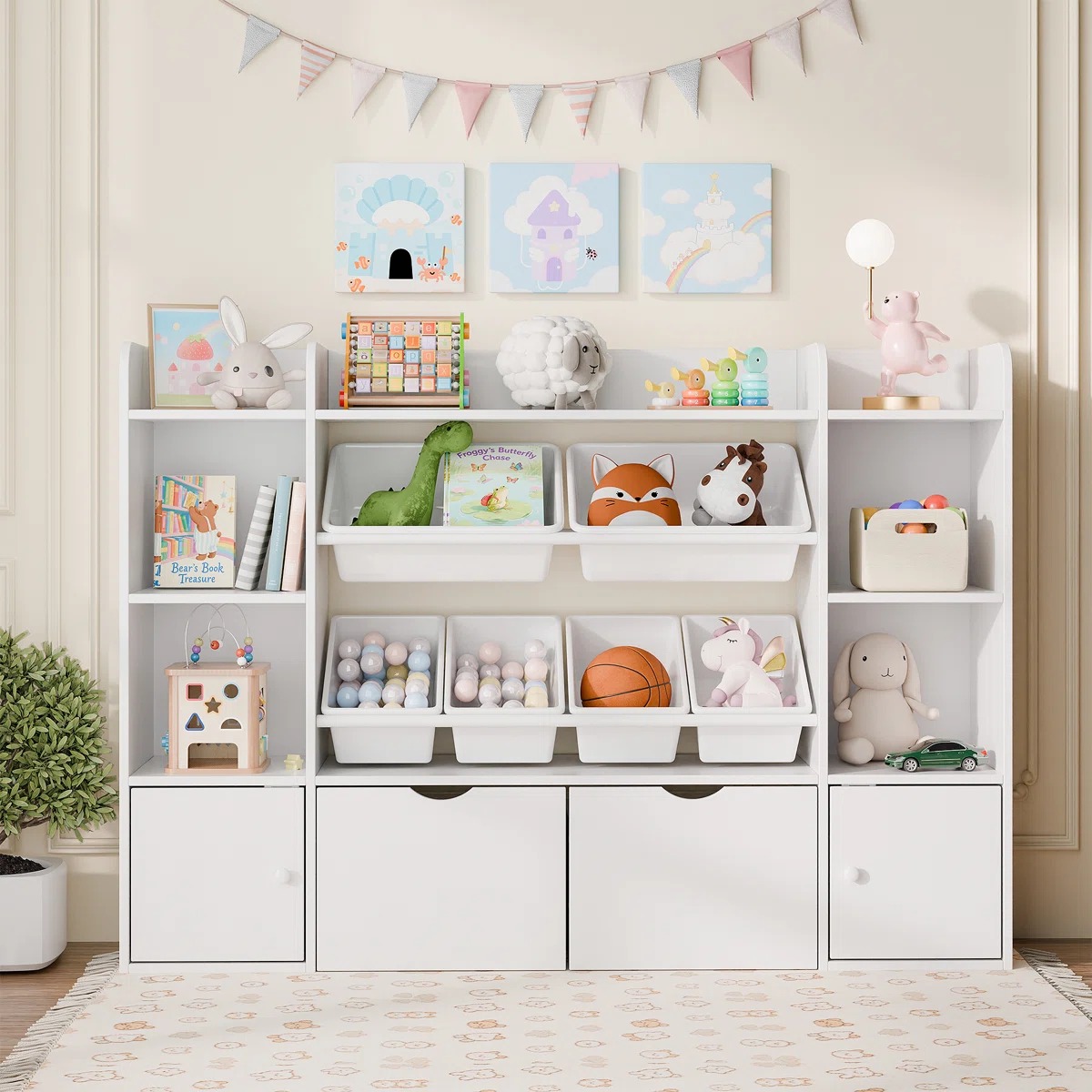 TEMU Kids Storage Organizer W/6 Removable Bins, 4-tier Organizers W/6 Storage Cubbies And 2 Movable Drawers, Kid Bookshelf And Storage For Playroom,