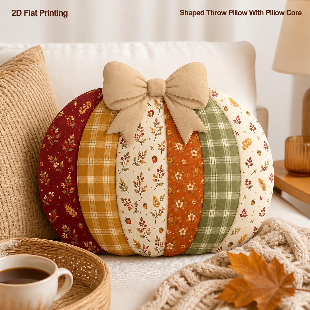 TEMU Coussin d'appoint vintage patchwork citrouille avec carreaux floraux et nœud beige, impression 2D plate, parfait pour canapé, chambre, salon,