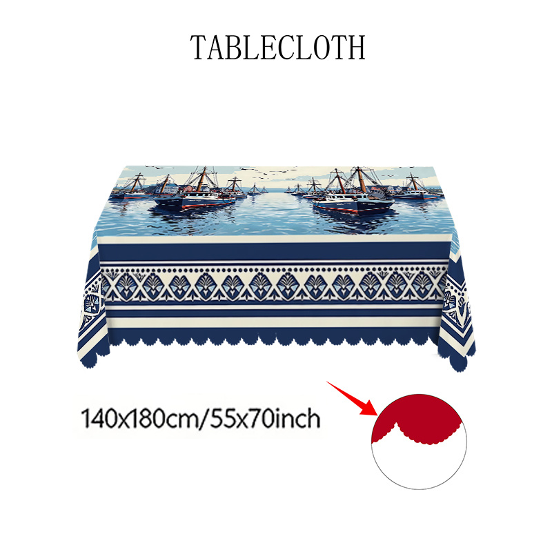 TEMU 1pc Nautical Theme Party Tablecloth, Harbor Fishing Boat And Seagull Pattern Tablecloth, Simple Rectangular Tablecloth With Embossed Edges,