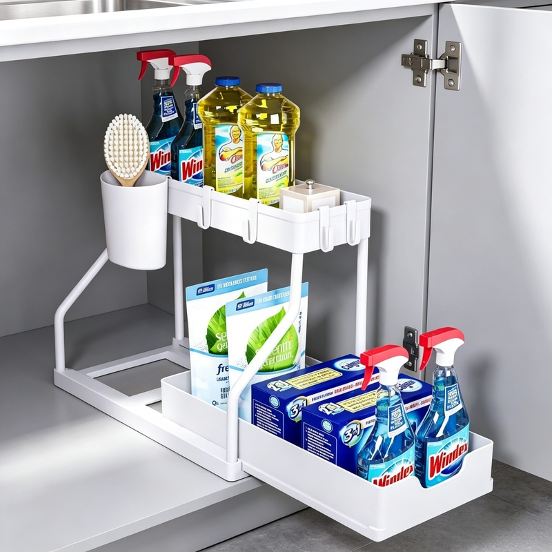 TEMU Étagère de rangement coulissante à 2 niveaux - Plastique durable, Étagère de rangement sous évier, pour de et de bain, Contient des bouteilles,