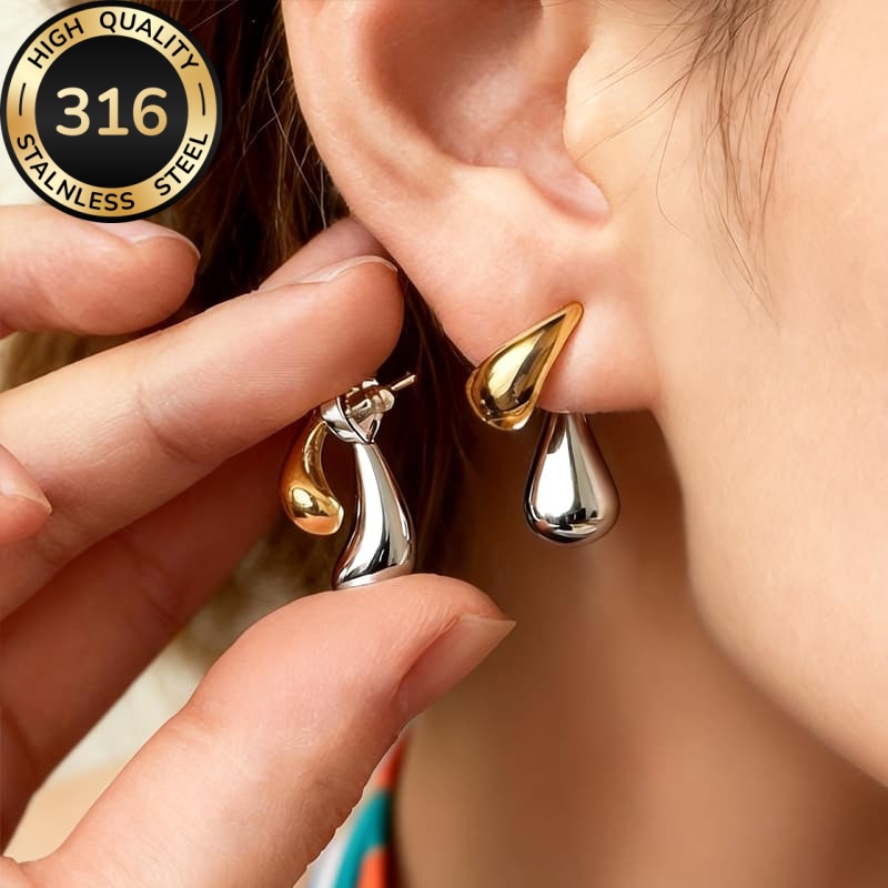 Women's Hypoallergenic Two-Tone Golden Silver Teardrop Stud Earrings