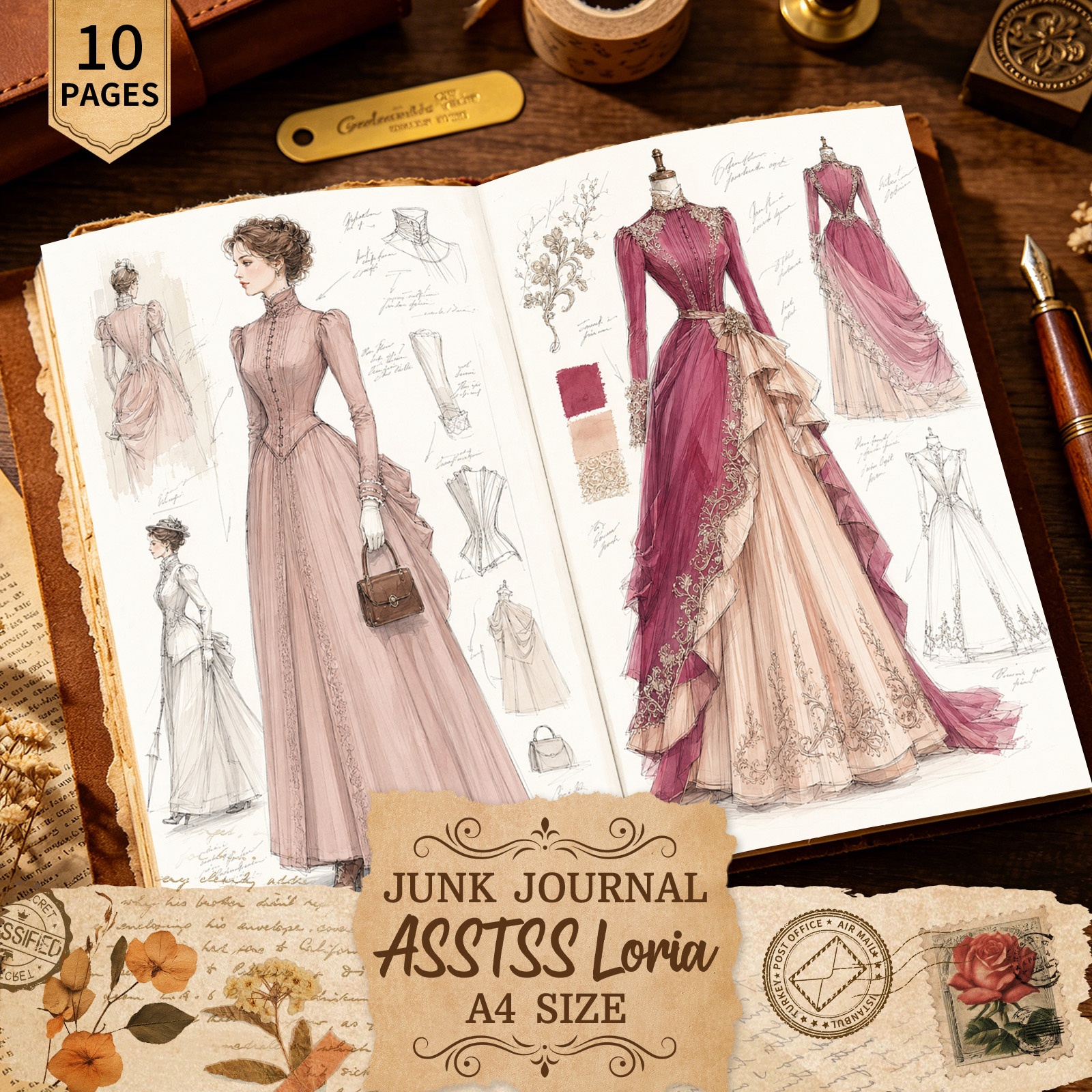 TEMU Asstssloria 10 Sheets A4 Vintage Elegant Victorian Skirt Decorative Paper, Handcrafted Junk Journal And Decorative Craft Paper, Craft Supplies
