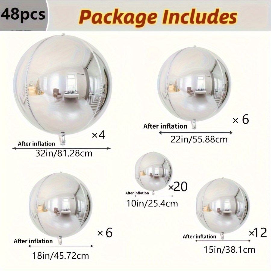 Image of [premium Balloons] 48pcs Premium Metallic Silvery 4d Round Balloons | Aluminum Foil Balloons For Party Decoration, Wedding Ceiling Arrangement, Ornament, Christmas Decorations, Navidad Decoración