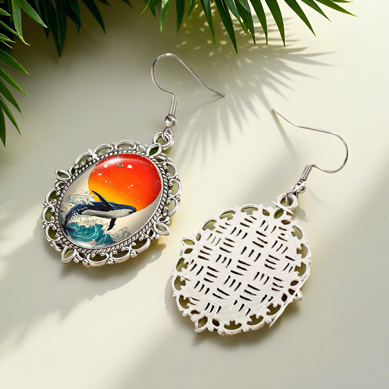 3pcs Fashion Blue Whale Under Sunset Earrings Necklace Set