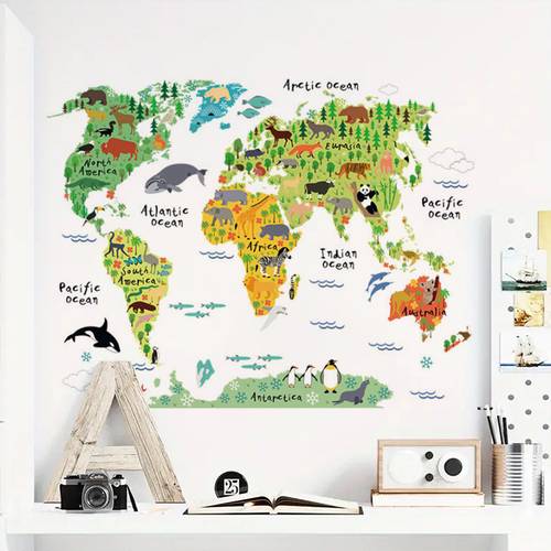 1 set 2pcs peel and stick map wall decals for kids room removable educational cartoon animal map sticker for nursery playroom bedroom decor