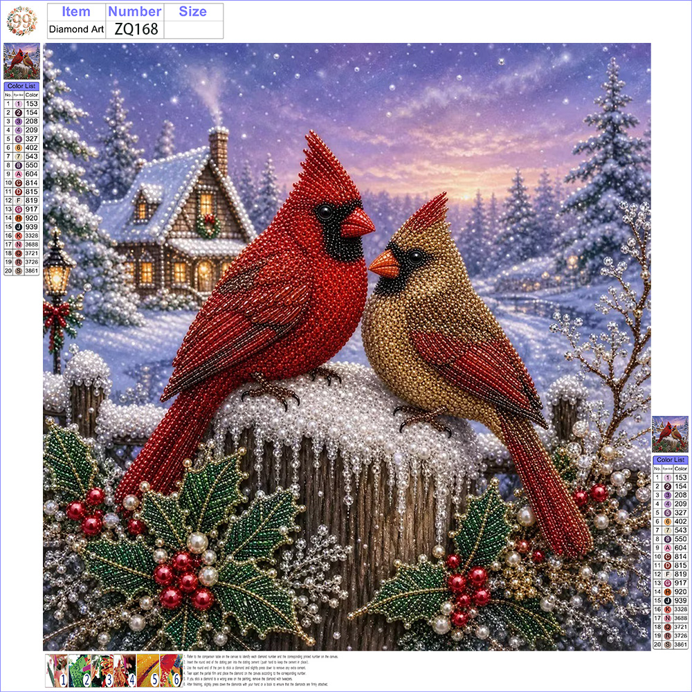 TEMU Kit de Peinture DIY à 11,8 x 11,8 Pouces - Motif Couple de Cardinaux près d'un d'Hiver, Inclut des Perles Rondes, des Scintillantes, des