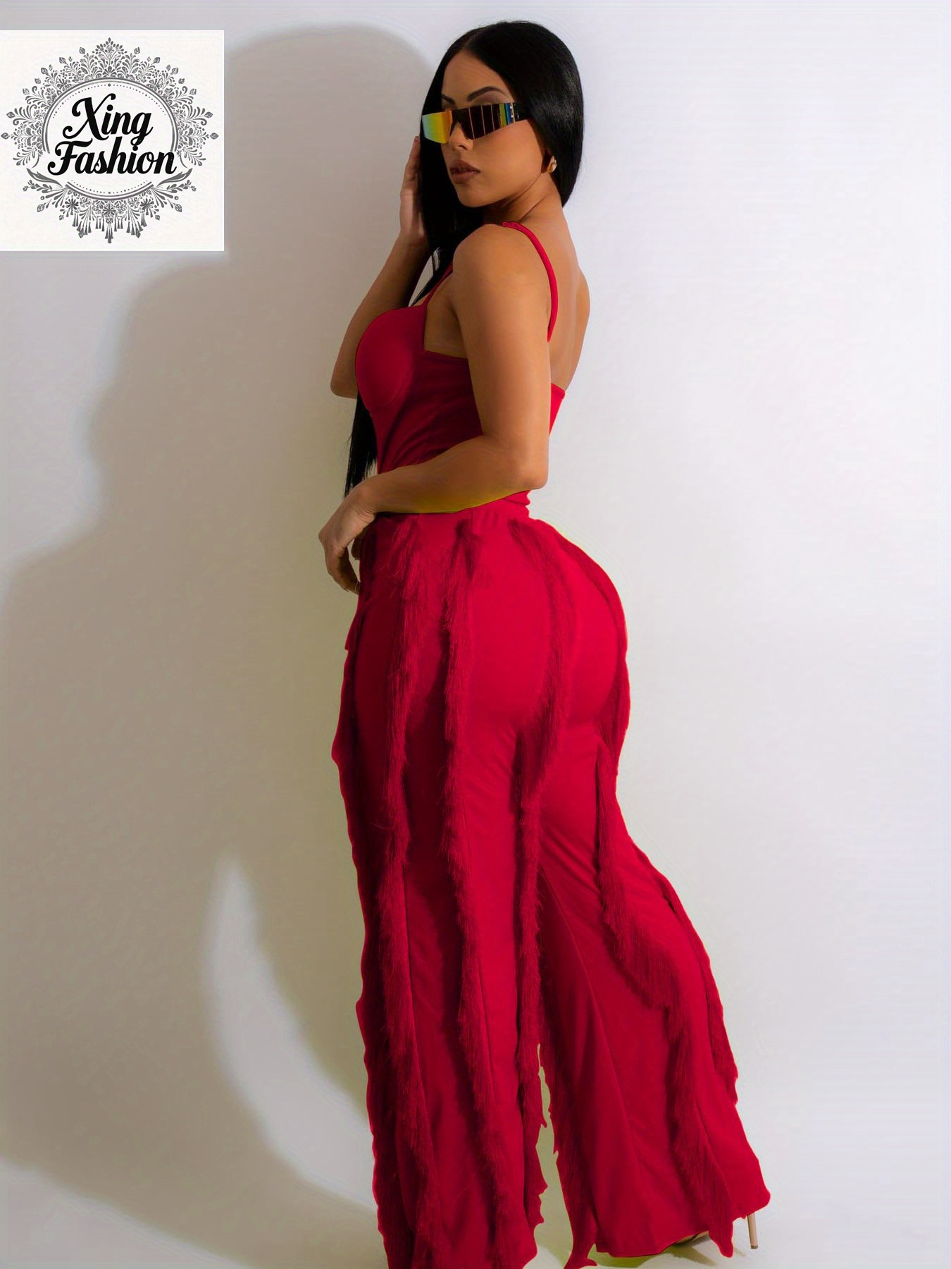 women fringe tassel long pants set 2pcs outfits adjustable Temu