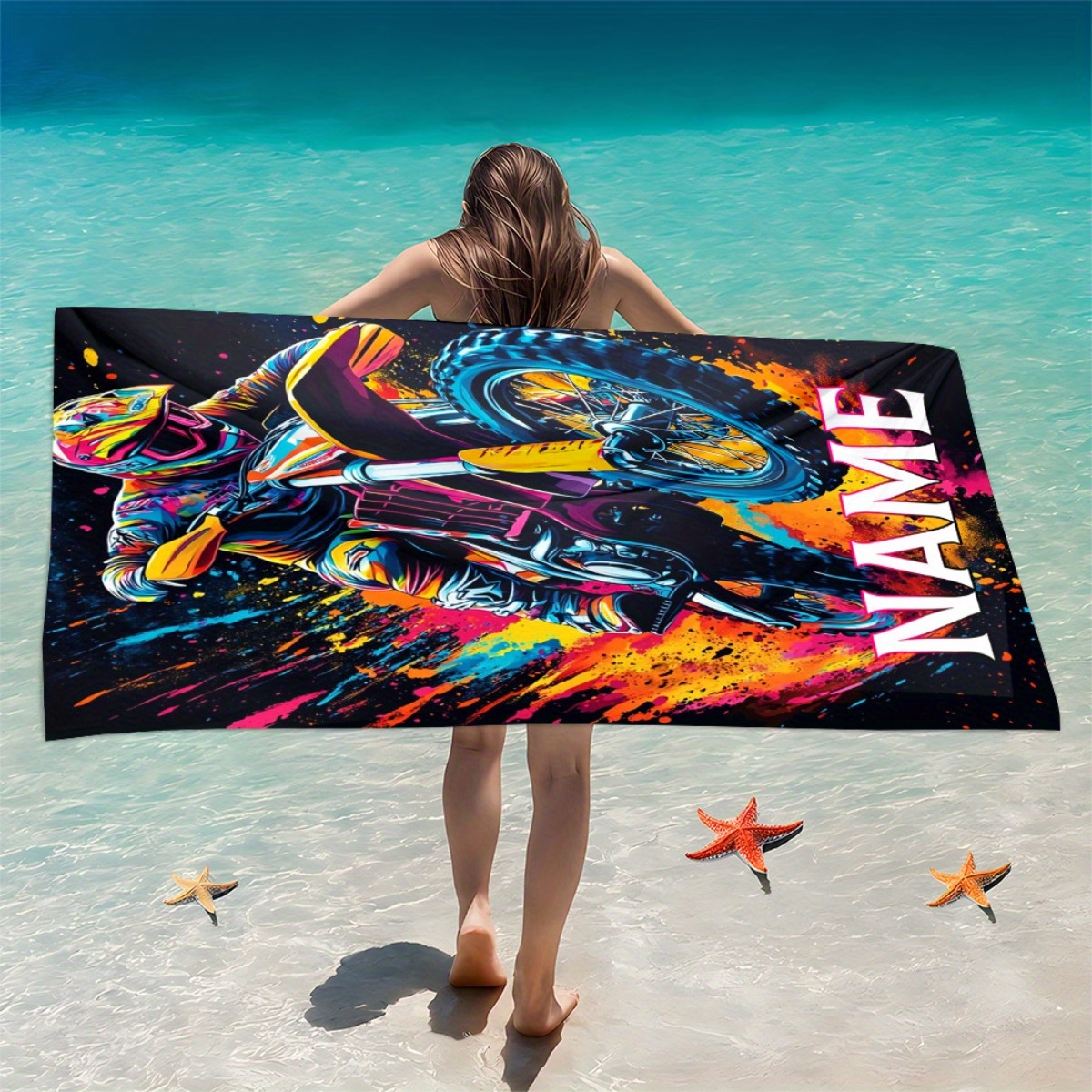 TEMU 1pc Motorcycle Rider Custom Name Beach Towel - Soft, Ultra-absorbent Microfiber, Lightweight, Beach, Parties, Travel, Camping - 55x27in/63x31in,