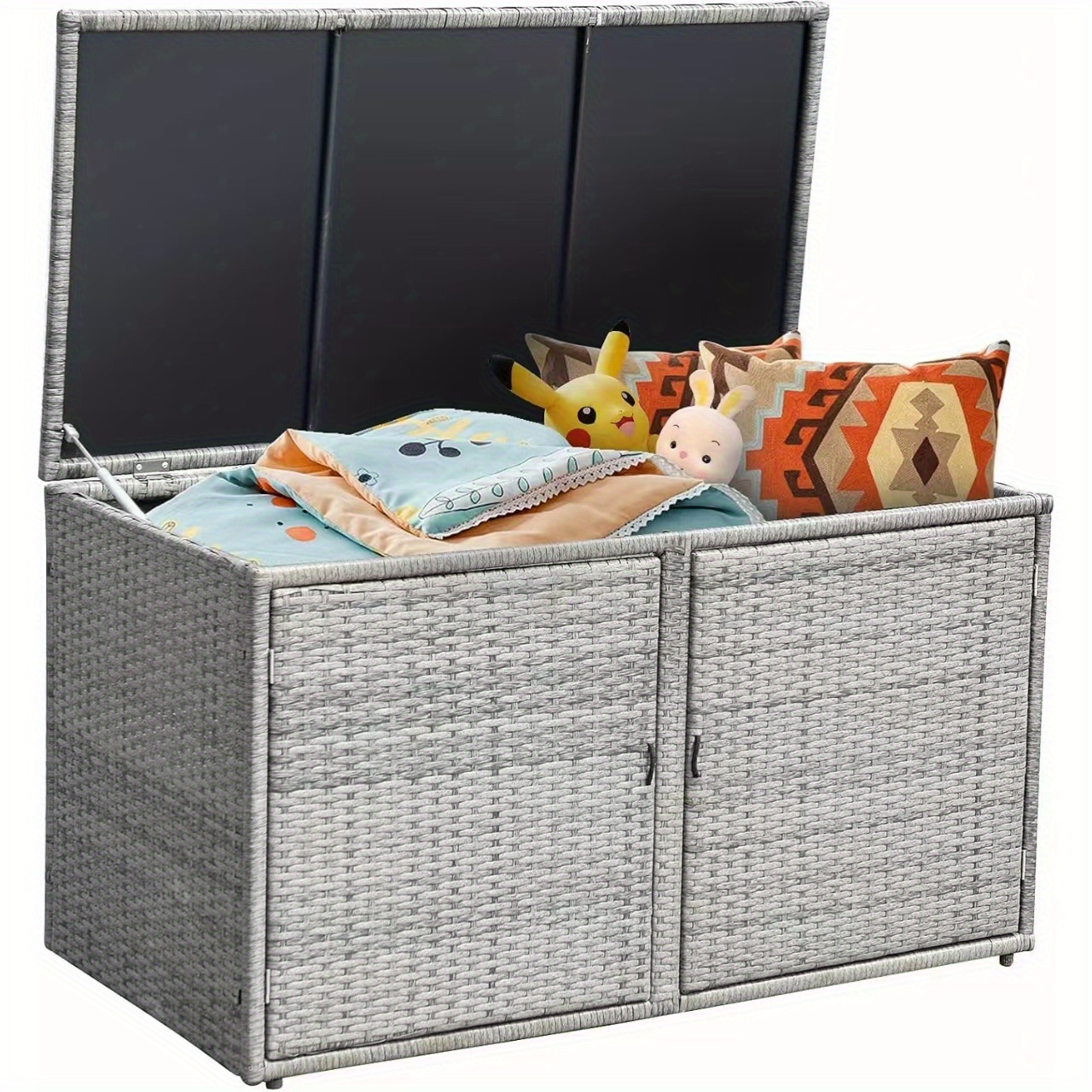 Image of 2-tier Rattan Chest, Storage Box With Lid & Cupboard Door, Weatherproof Organiser With Metal Frame For & Cushions, For Garden, Patio & Balcony